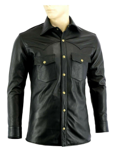 Men's Casual Biker Vintage Black Genuine Real Lambskin Leather Shirt Retro Moto