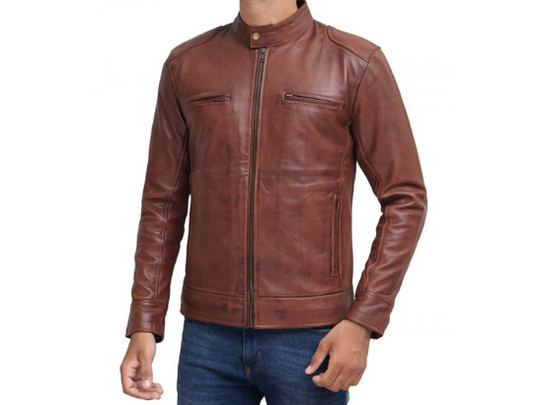 Men’s Motorcycle Vintage Cafe Racer Distressed Brown Biker Real Sheep Leather Jacket