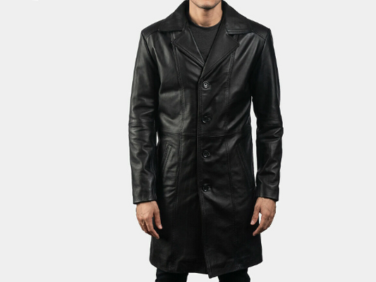 Men's Black Genuine Sheep Leather Blazer Jacket Coat Four Buttons Black Slim Fit Knee Length Coat