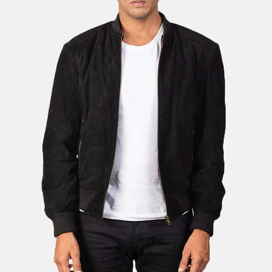 Men's Black Suede Leather Jacket Slim fit Biker Motorcycle Bomber Casual Jacket