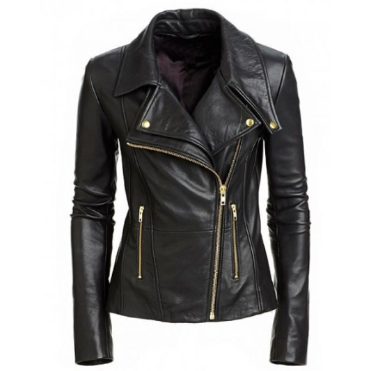 Ladies Women's Black Slim Fit Biker Lambskin Leather Moto Designer Leather Jacket