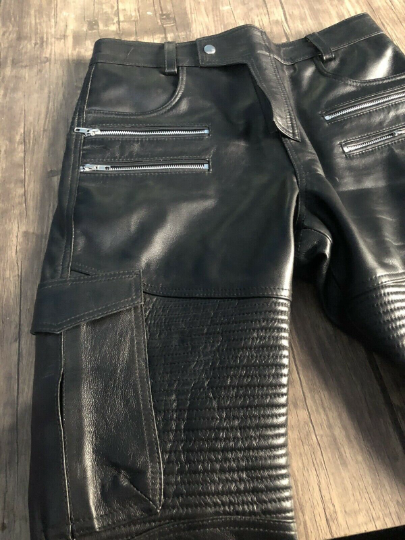 Men's Genuine Leather Black Pants Biker Slim Fit Sheep Leather - Handmade