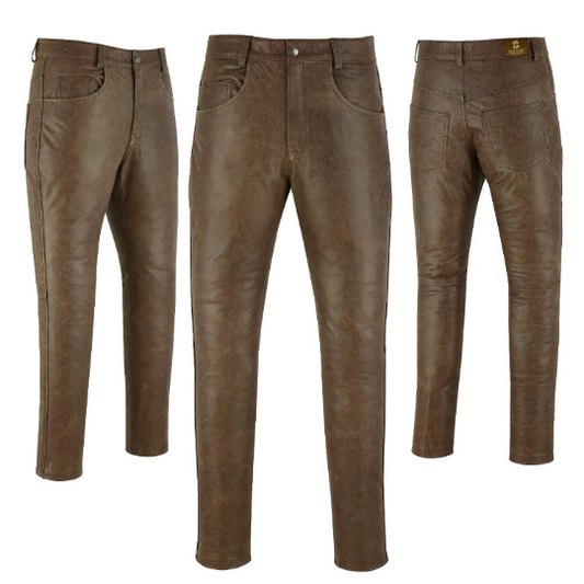 Mens Vintage Distressed Brown Leather Cowhide Motorcycle Jeans Trousers