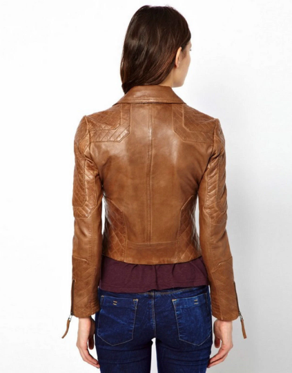 Women's Distressed Tan Biker Real Leather Designer Zipper Fashion Jacket