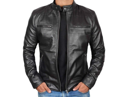 Men's Vintage Cafe Racer Black Genuine Sheep Leather Slim Fit Retro Biker Jacket