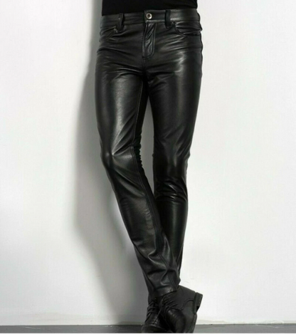 MEN'S REAL LEATHER GENUINE SHEEP LEATHER PARTY PANTS SLIM FIT REAL LEATHER PANT