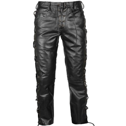 MEN'S LEATHER SIDE LACES PANTS HIGH QUALITY COWHIDE PLAIN LEATHER KILLER PANTS