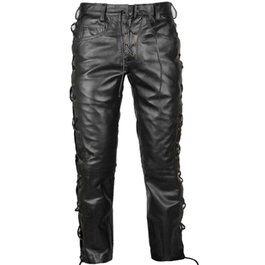 MEN'S LEATHER SIDE LACES PANTS HIGH QUALITY COWHIDE PLAIN LEATHER KILLER PANTS