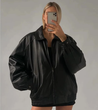 90's Women's Handmade Oversized Real Leather Black Bomber Jacket Butter Soft Leather