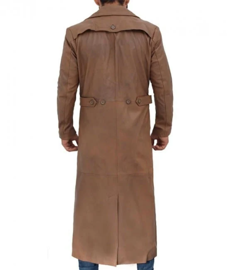 Men's Brown Vintage Genuine Cowhide Plain Leather Duster Full Length Coat Four Buttons Brown Leather