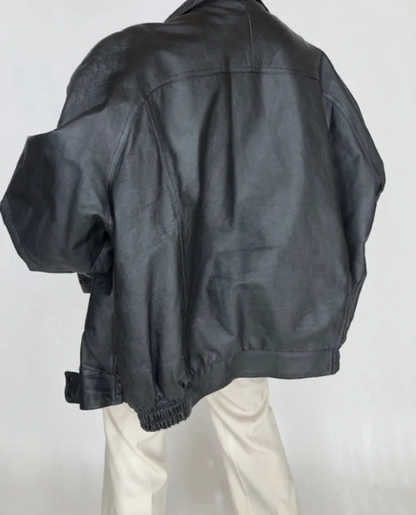 Women's Handmade Oversize Real Leather Black Bomber Jacket