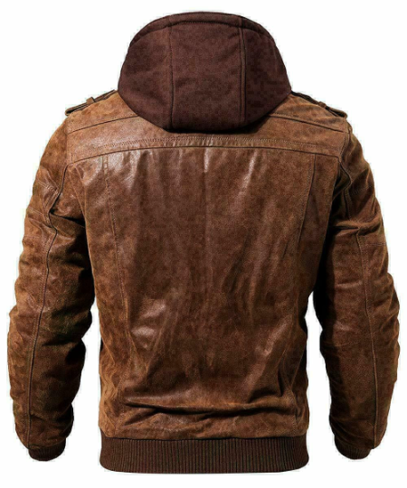 Men's Casual Stand Collar Distressed Brown Real Vintage Leather Detachable Hood