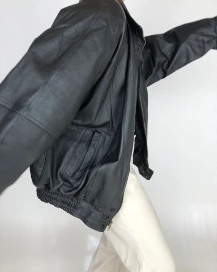 Women's Handmade Oversize Real Leather Black Bomber Jacket