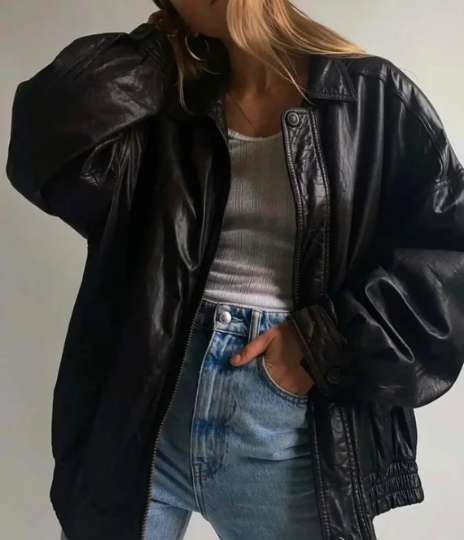 Women's Handmade Oversize Real Leather Black Bomber Jacket