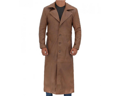 Men's Brown Vintage Genuine Cowhide Plain Leather Duster Full Length Coat Four Buttons Brown Leather