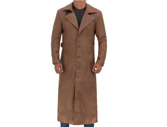 Men's Brown Vintage Genuine Cowhide Plain Leather Duster Full Length Coat Four Buttons Brown Leather