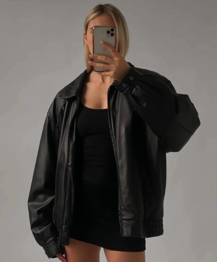 90's Women's Handmade Oversized Real Leather Black Bomber Jacket Butter Soft Leather