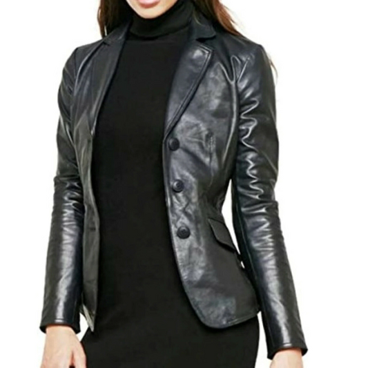 Ladies Women's Black Slim Fit Biker Lambskin Leather Moto Designer Leather Blazer