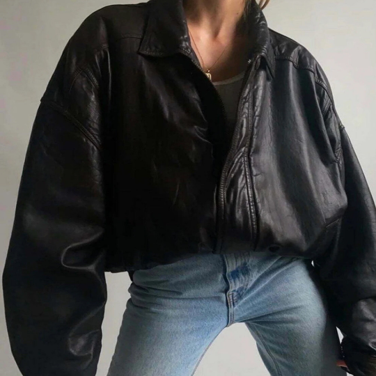 Women's Handmade Oversize Real Leather Black Bomber Jacket