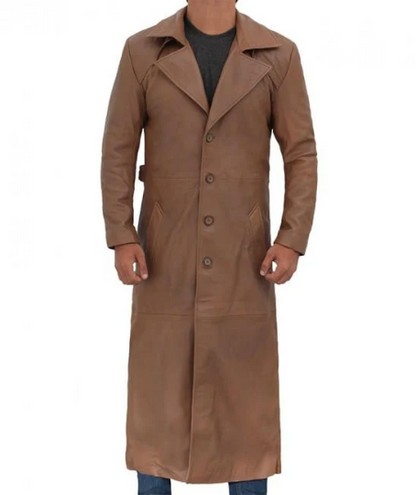 Men's Brown Vintage Genuine Cowhide Plain Leather Duster Full Length Coat Four Buttons Brown Leather