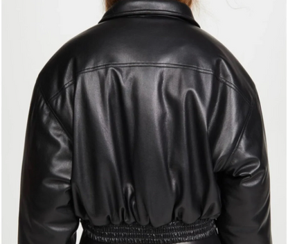 Women's Handmade Oversize Real Leather Black Bomber Jacket Inactive