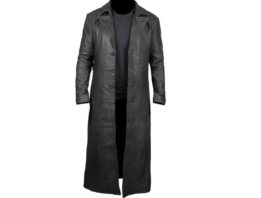 Men's Black Vintage Genuine Cowhide Plain Leather Duster Full Length Coat Four Buttons Black Leather