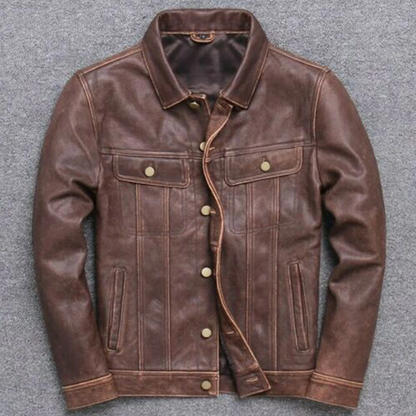 Mens Motorcycle Distressed Brown Collared Trucker Genuine Leather Button Jacket