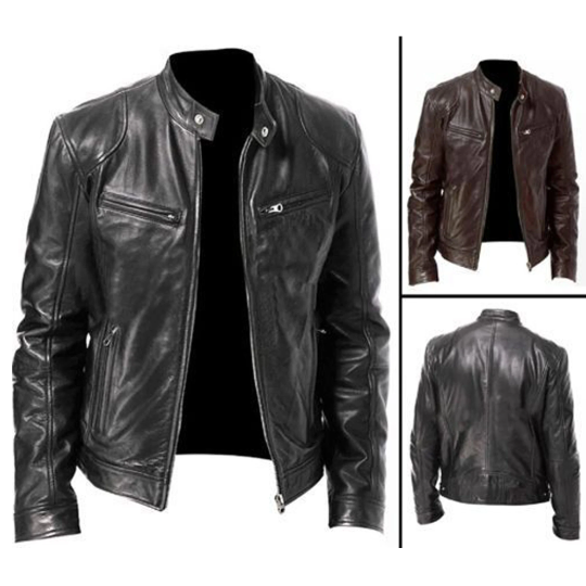 Men's vintage cafe racer black brown genuine leather slim fit retro biker jacket