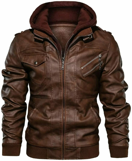 Men's Casual Stand Collar Brown Real Sheep Leather Detachable Hood Winter Jacket