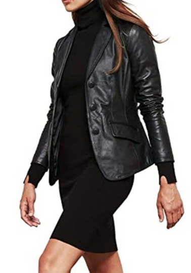 Ladies Women's Black Slim Fit Biker Lambskin Leather Moto Designer Leather Blazer