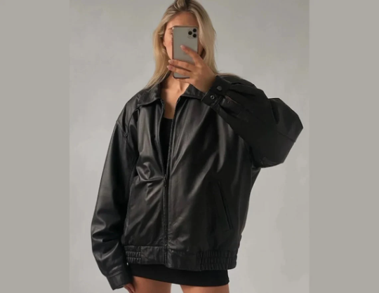 90's Women's Handmade Oversized Real Leather Black Bomber Jacket Butter Soft Leather