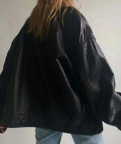 Women's Handmade Oversize Real Leather Black Bomber Jacket