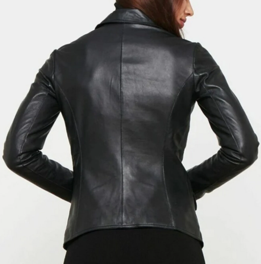 Ladies Women's Black Slim Fit Biker Lambskin Leather Moto Designer Leather Blazer