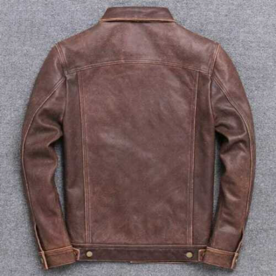 Mens Motorcycle Distressed Brown Collared Trucker Genuine Leather Button Jacket