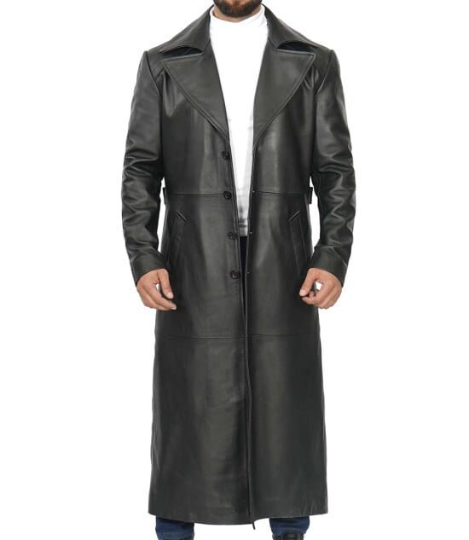 Men's Black Vintage Genuine Cowhide Plain Leather Duster Full Length Coat Four Buttons Black Leather