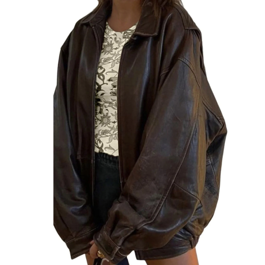 Women's Handmade Oversize Real Leather Vintage Brown Bomber Jacket Inactive