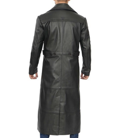 Men's Black Vintage Genuine Cowhide Plain Leather Duster Full Length Coat Four Buttons Black Leather