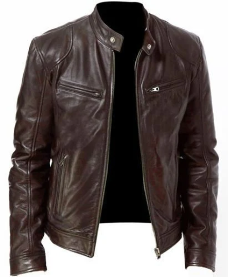 Men's vintage cafe racer black brown genuine leather slim fit retro biker jacket