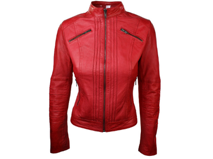 Women's Red Fashion Genuine Sheep Soft Leather Zipper Jacket