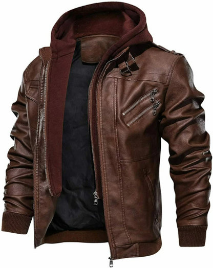 Men's Casual Stand Collar Brown Real Sheep Leather Detachable Hood Winter Jacket