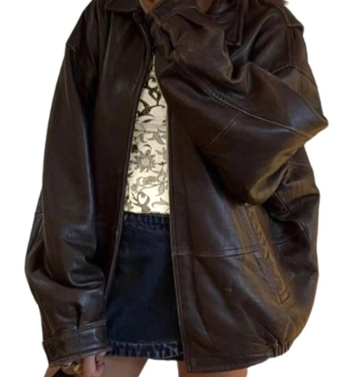 Women's Handmade Oversize Real Leather Vintage Brown Bomber Jacket Inactive