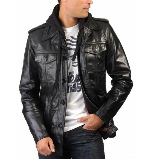 Mens Slim Fit Trucker Biker Café Racer Bomber Black Genuine Sheep Leather Jacket Detachable Hood