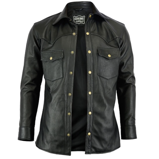 Men's Casual Biker Vintage Black Genuine Real Lambskin Leather Shirt Retro Moto