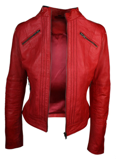 Women's Red Fashion Genuine Sheep Soft Leather Zipper Jacket