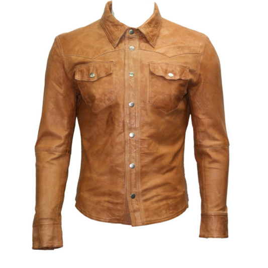 Men's Casual Biker Vintage Waxed Distressed TAN Real Leather Shirt Retro Jacket