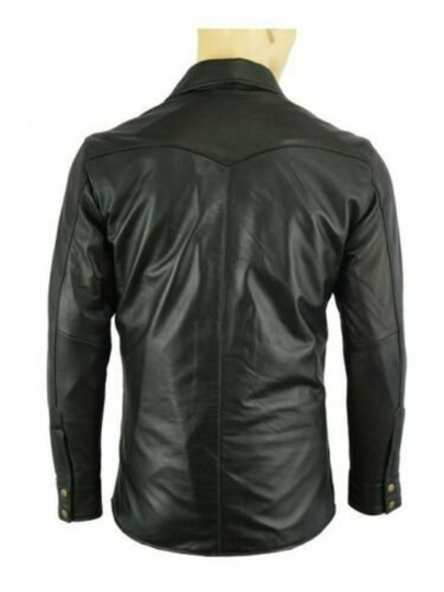 Men's Casual Biker Vintage Black Genuine Real Lambskin Leather Shirt Retro Moto