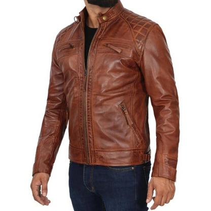 Men’s Motorcycle Vintage Cafe Racer Distressed Brown Biker Real Sheep Leather Jacket