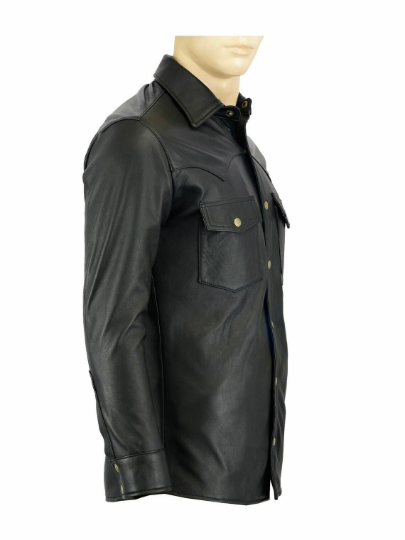 Men's Casual Biker Vintage Black Genuine Real Lambskin Leather Shirt Retro Moto