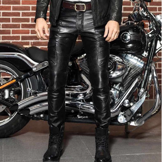 Men's Genuine Leather Black Pants Biker Slim Fit Sheep Leather - Handmade