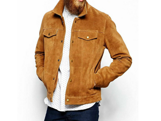 Men's Tan Suede Genuine Leather Button-up Jacket Trucker Vintage Style Collared